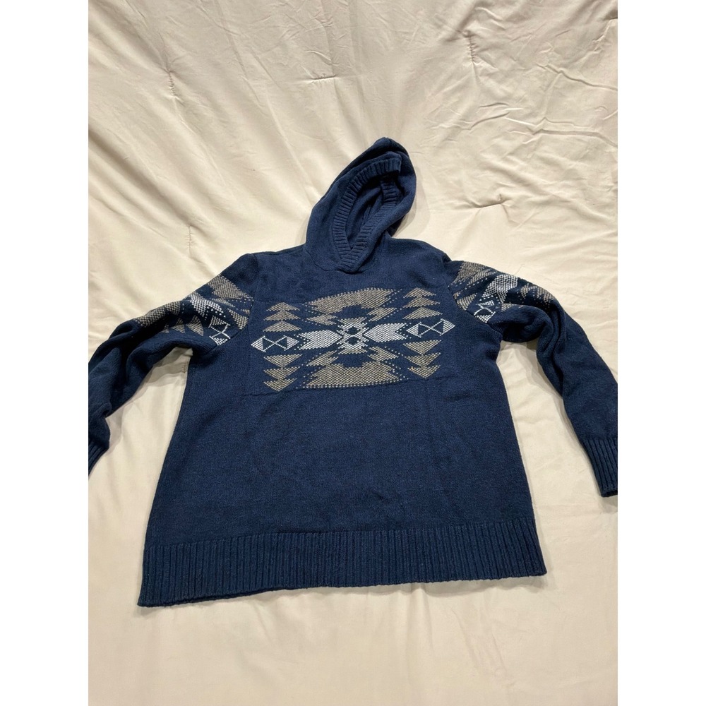 American Eagle Mens Southwestern Fair Isle Knit Hoodie Navy Blue Sweater Large